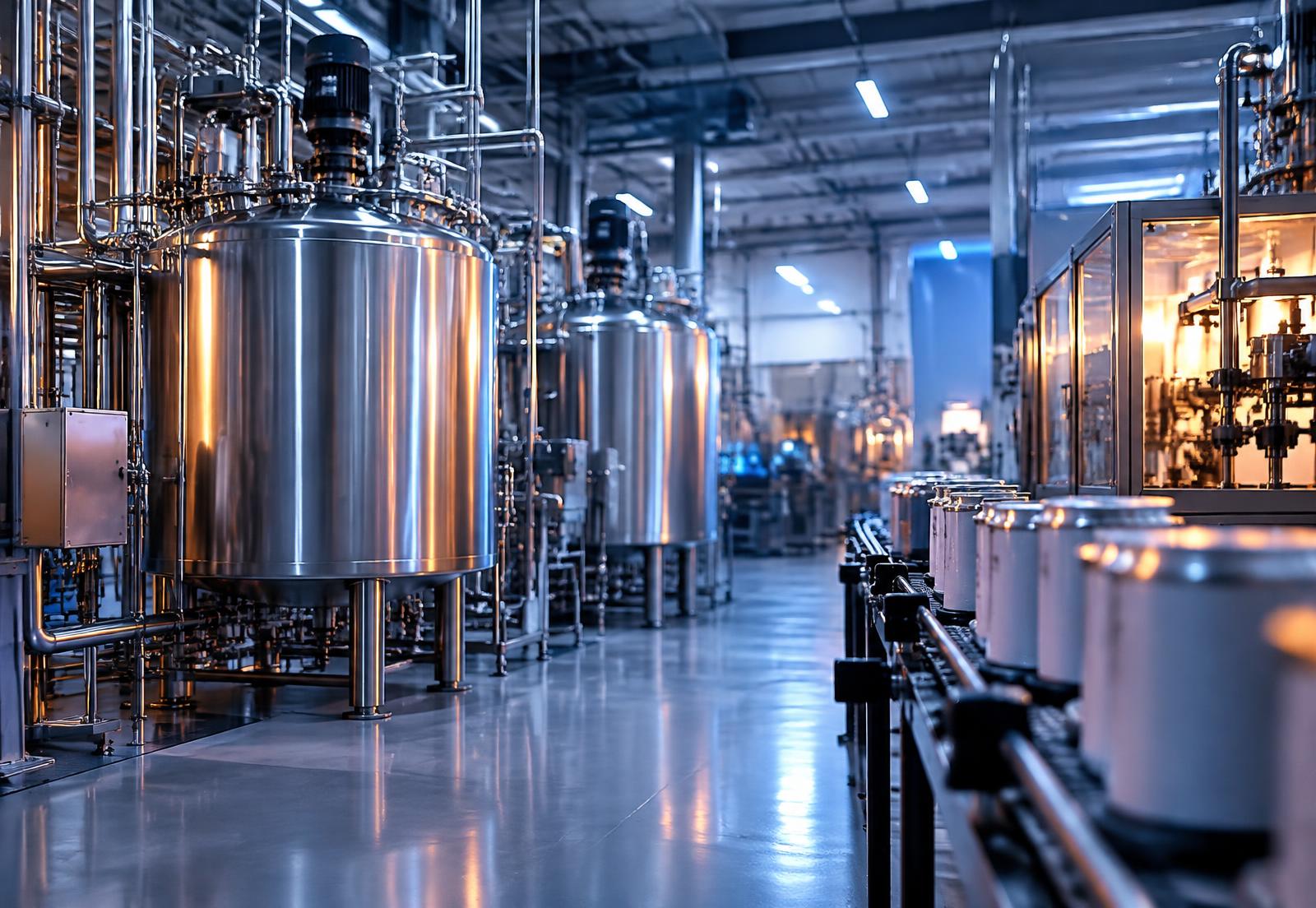 Coatings manufacturing facility with mixing tanks and filling line
